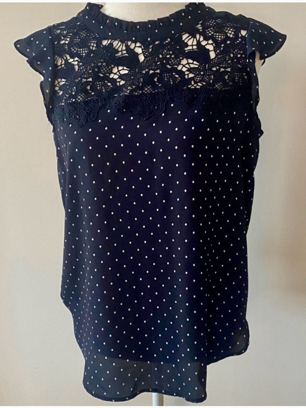 LOFT Navy Polka Dot Lace Yoke Blouse Flutter Sleeve Top Small